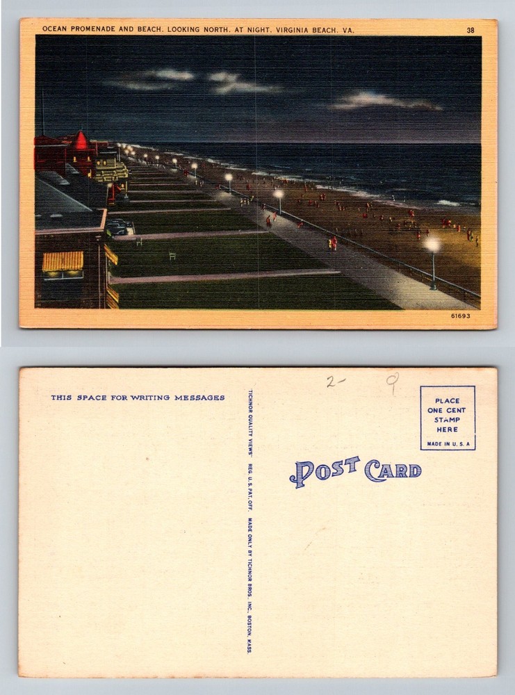 Virginia Beach VA-Virginia Ocean Promenade Boardwalk Night View Vintage Postcard