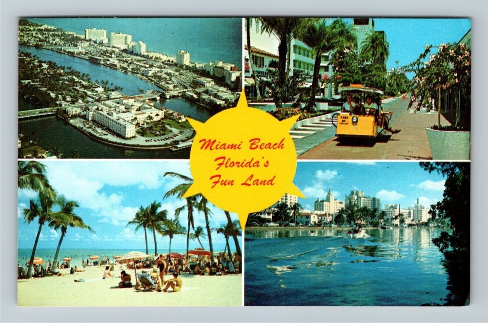 Miami Beach FL-Florida, Aerial, Beach Scene, Tourist Highlights Vintage Postcard