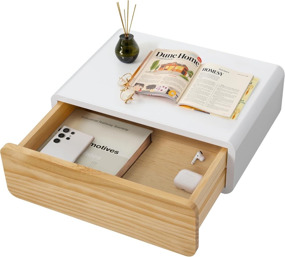 SUMGAR White Floating Nightstand with Drawers Modern Bedside Storage Table