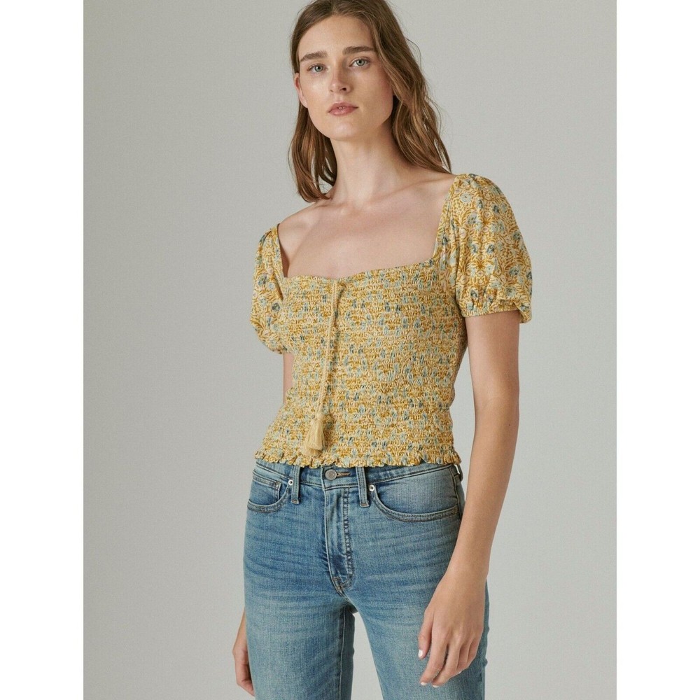 Lucky Brand Women Cotton Floral Boho Puff Short Sleeve Smocked Blouse Size XL