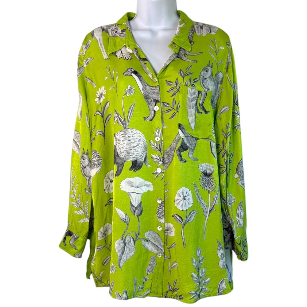 Ulla Popken von Landen Whimsical Artsy Animal Print Top Sz 16 18 Botanical Flowy
