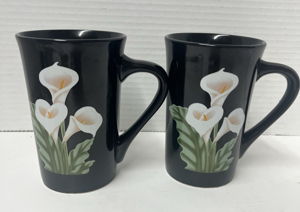 Calla Lily Black Coffee Tea Cup Mug Stoneware Set Of 2 Cotc Korea Vintage