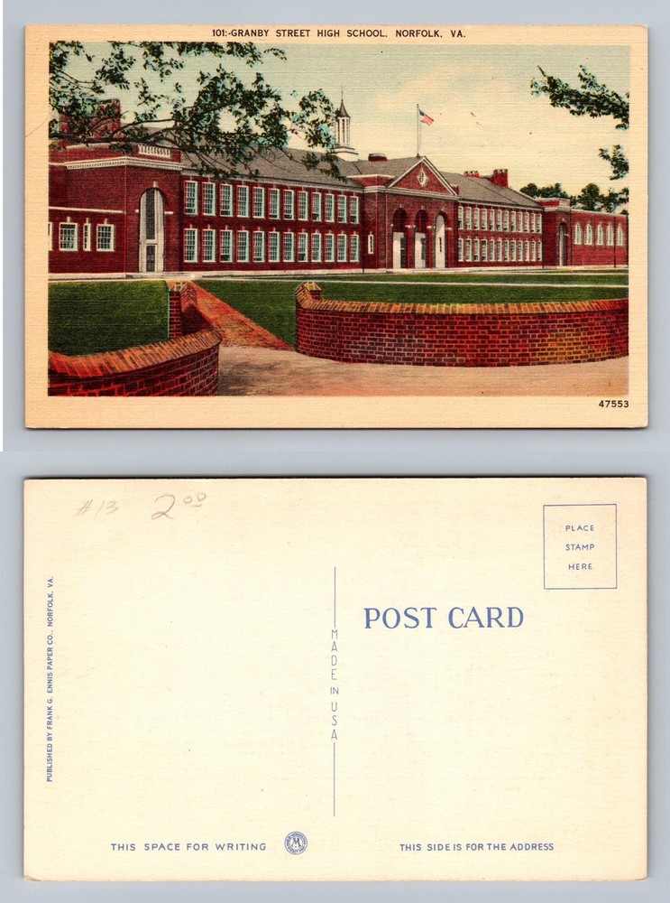 Norfolk, VA-Virginia, Granby Street High School Front View Card Vintage Postcard