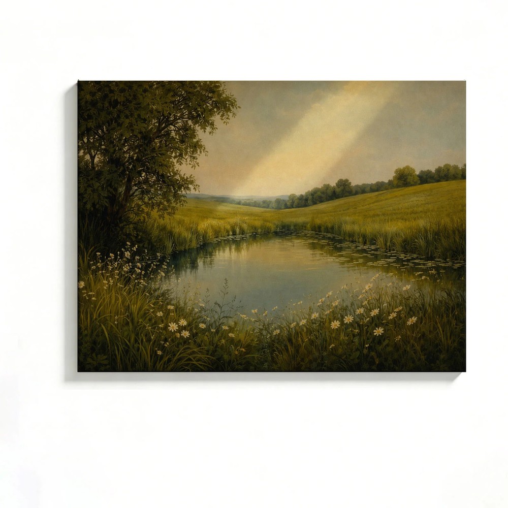 Sunlit Meadow Pond Canvas Painting 2D Flat Frameless Wall Art Home Office Decor