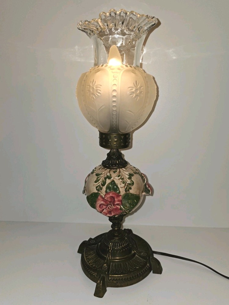 Vintage Italian Table Lamp – Embossed Floral Shade w/ Ruffled Rim – 17.5” Tall