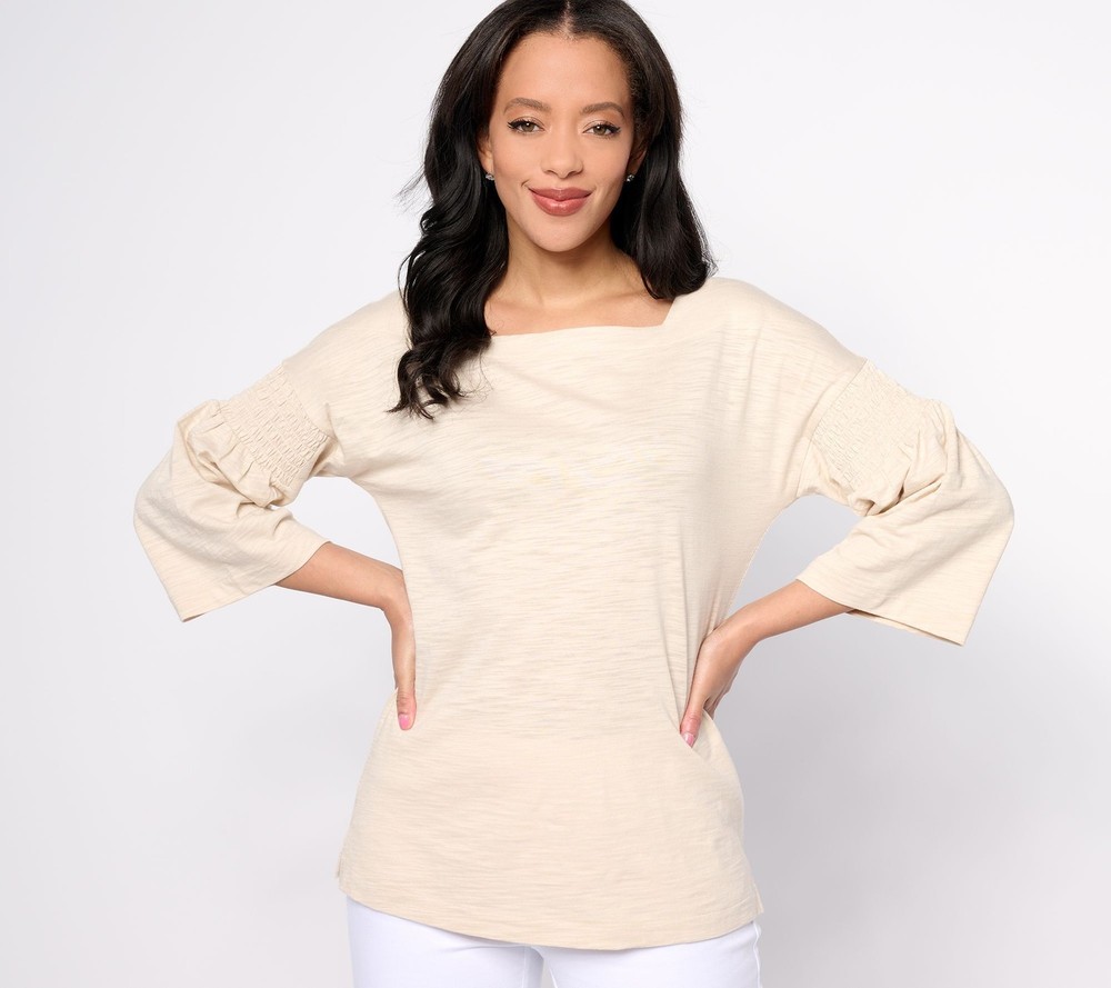 Gloria Vanderbilt Women's Top Sz XL Slub Knit Smock Sleeve Square White A647294