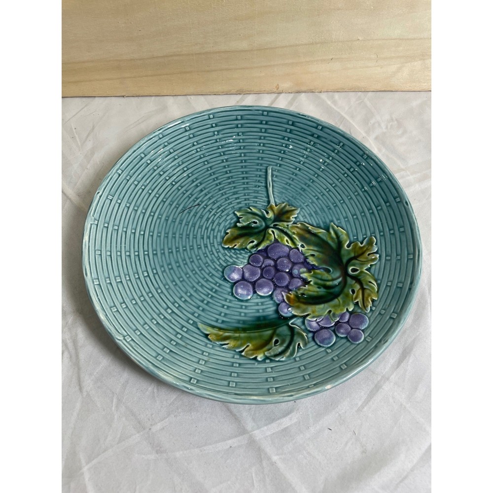 Vintage GZS Baden Majolica Plate Teal Basketweave Grapes Relief Germany 223