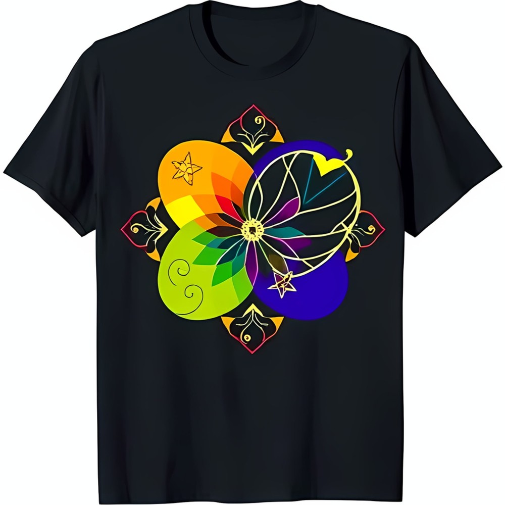Vibrant Abstract Flower Graphic Black T-Shirt Colorful Kaleidoscope Design-image