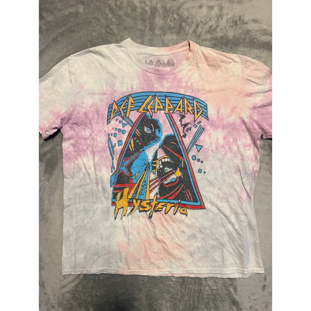Def Leppard T-Shirt Mens 2XL Pink Tie Dye Hysteria Graphic Rock Band Tee