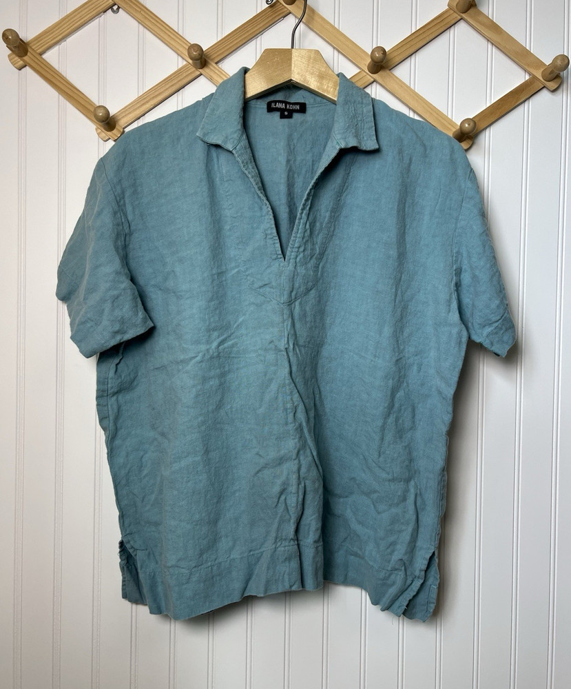 ILANA KOHN Women's Size Small Blue 100% Linen Collared Short Sleeve Blouse
