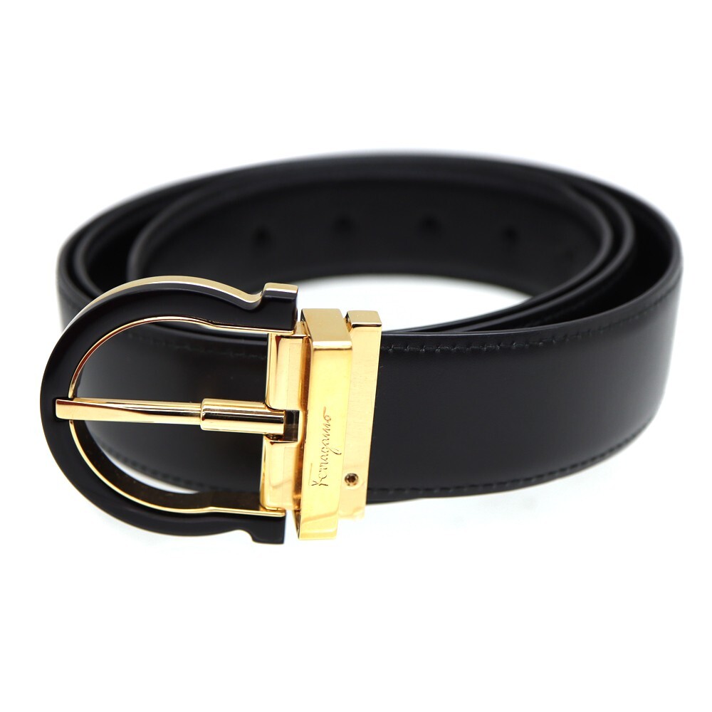 Salvatore Ferragamo Style 67 9926/00 Gold Black Belt Authentic With Box