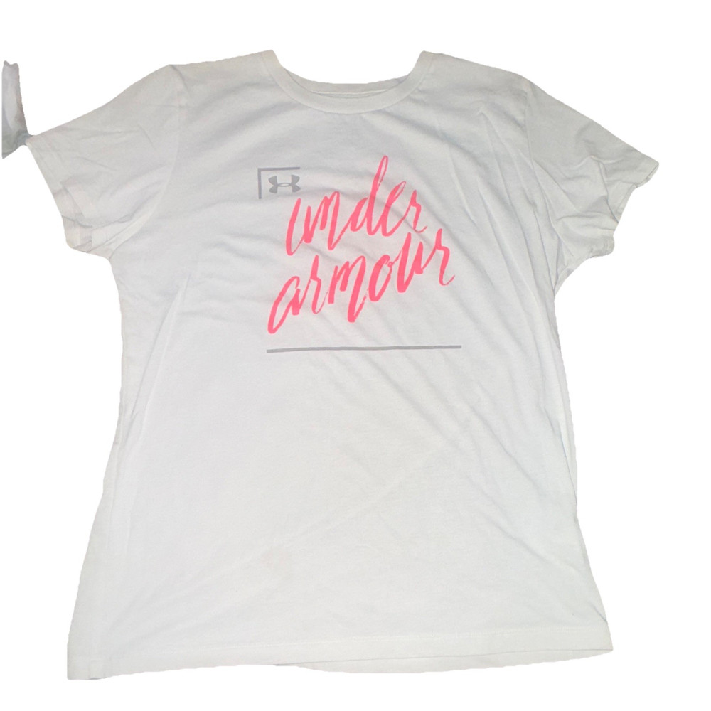 Under Armour Women's White Pink Logo Short Sleeve Crew Neck T-Shirt L Cotton