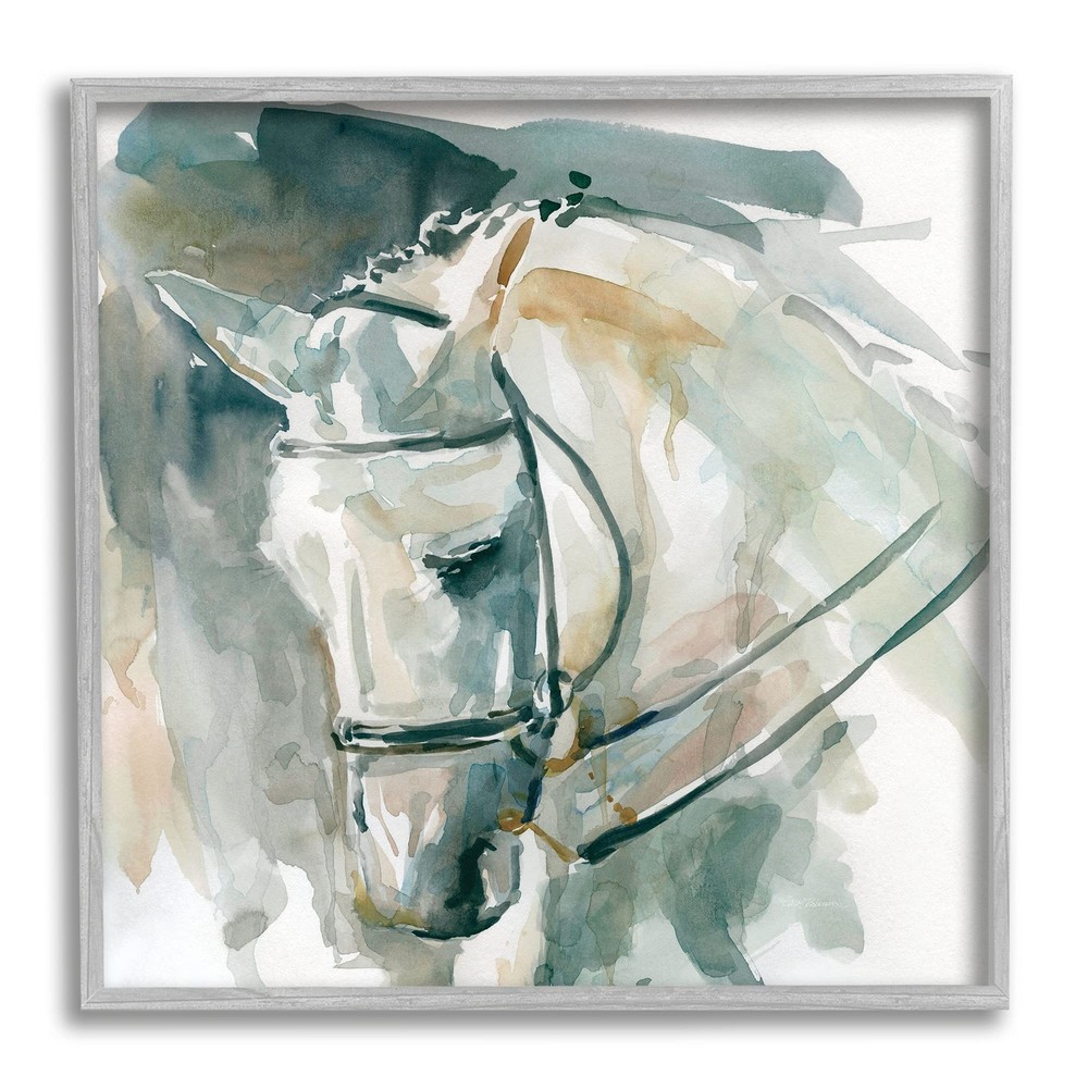 Contemporary Horse Portrait Solemn Equestrian Pose Wall Art, 17 x 17, Grey Fr...