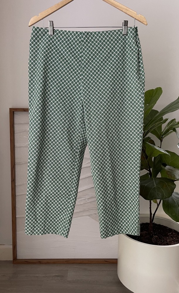Women's TALBOTS Classic Side Zip Green & White Ankle Pants Size 10p 10 Petite