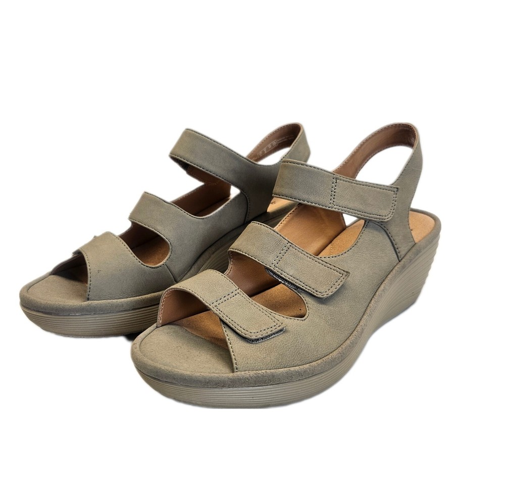 Clarks Reedly Juno Adjustable Cushion Wedge Sandals in Grey Olive Green Size 9