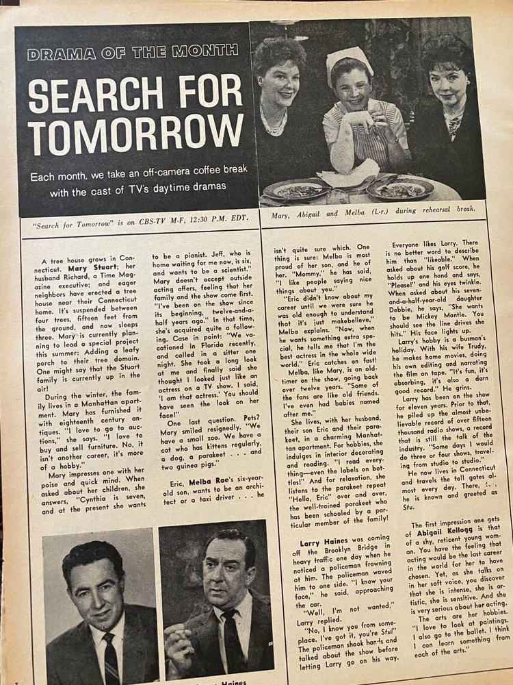Search For Tomorrow, Mary Stuart, Terry O'Sullivan, Two Page Vintage Clipping