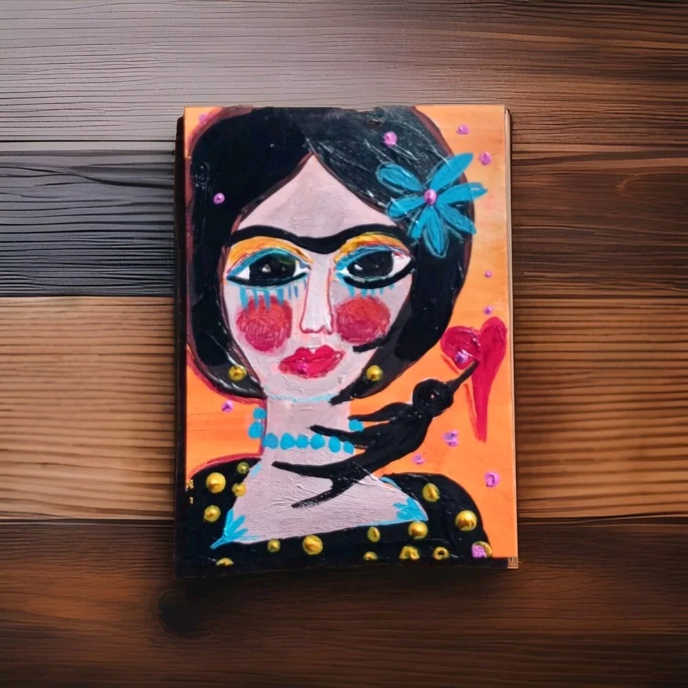 Frida and Crow  Mexican Folk Art  Card ACEO ATC Frida Kahlo Original Painting