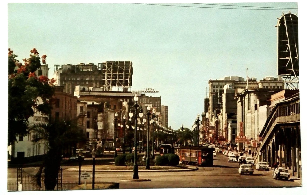 New Orleans Canal Street LA Postcard Trolley Old Cars c1960s Advertising UNP