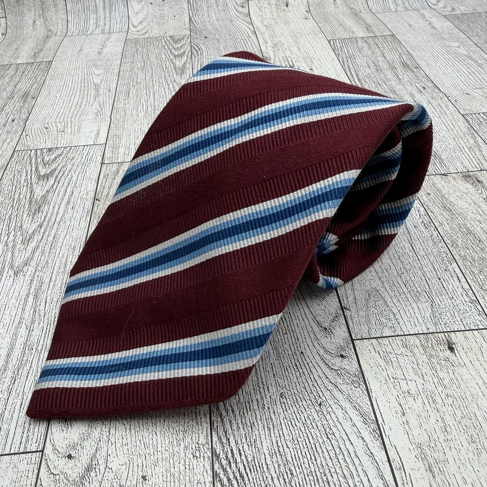 Canali Designer Silk/Cotton Tie Burgundy/Blue Stripes Made in Italy 59”L