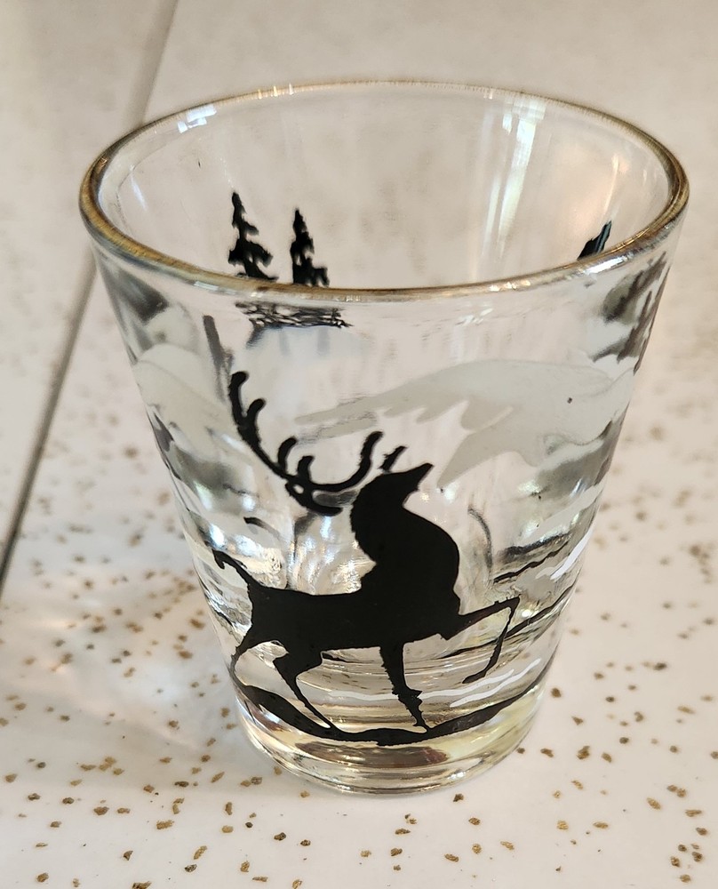 Vintage MCM Shot Glass Deer Libbey Stag Doe Mountains Mid Century Gold Rim