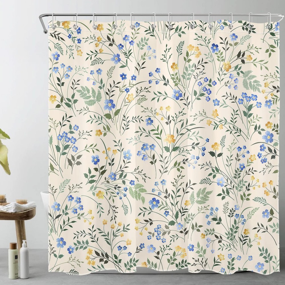LB Country Wildflower Shower Curtain Decor,Blue and Yellow Floral Green Leaf Pla