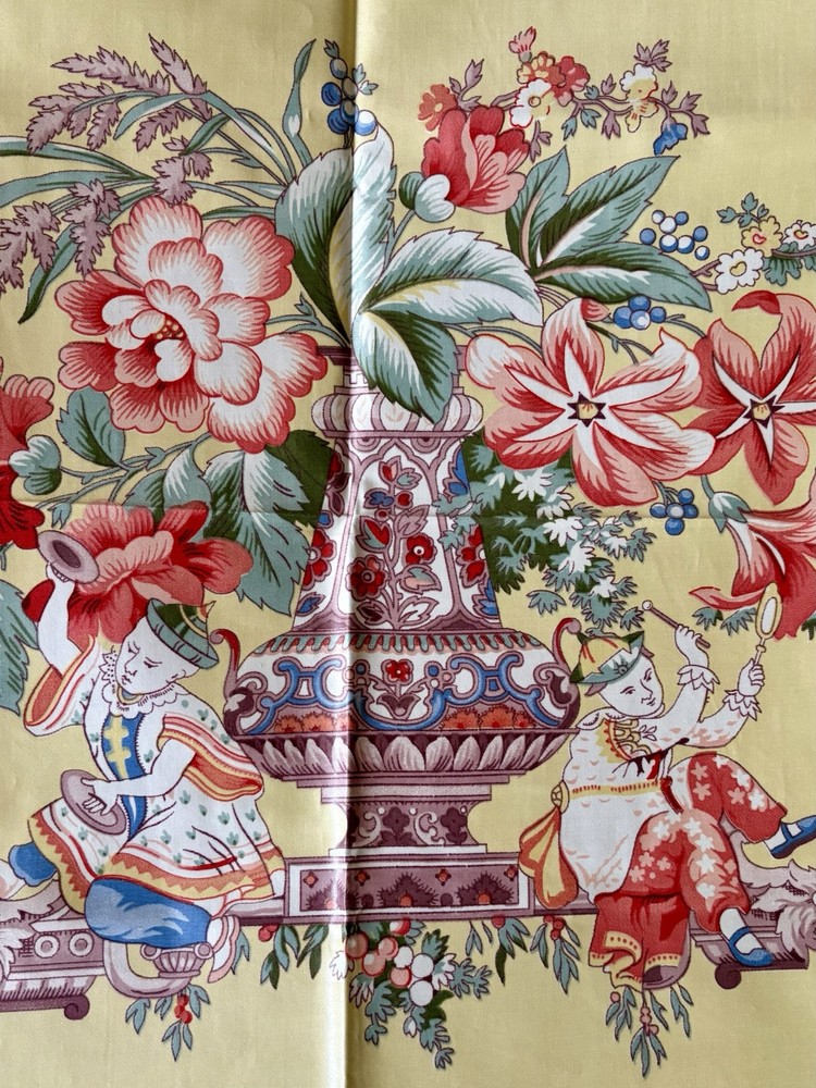 Vintage Chinoiserie Floral Cotton Chintz Fabric in Orange Green Yellow