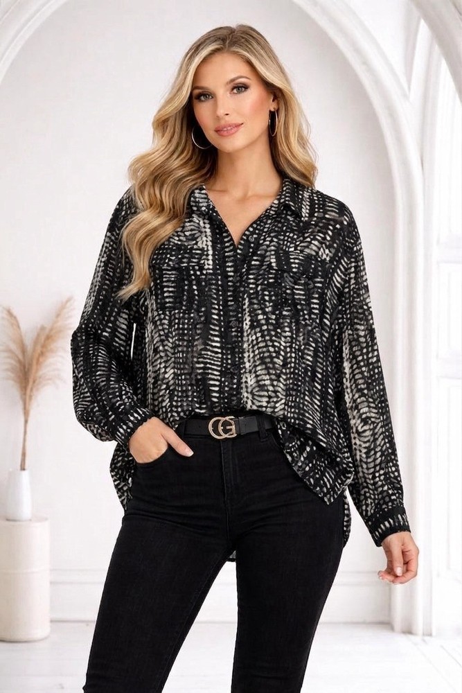 Chico’s Womens Silk Blend Burnout Top Size 2 Large Button Front Sheer Pockets