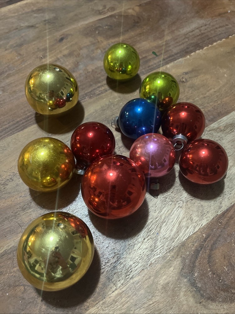 Vintage Holly Red Glass Christmas Ornaments Set Of 11 In Box Made In USA 2 1/4”