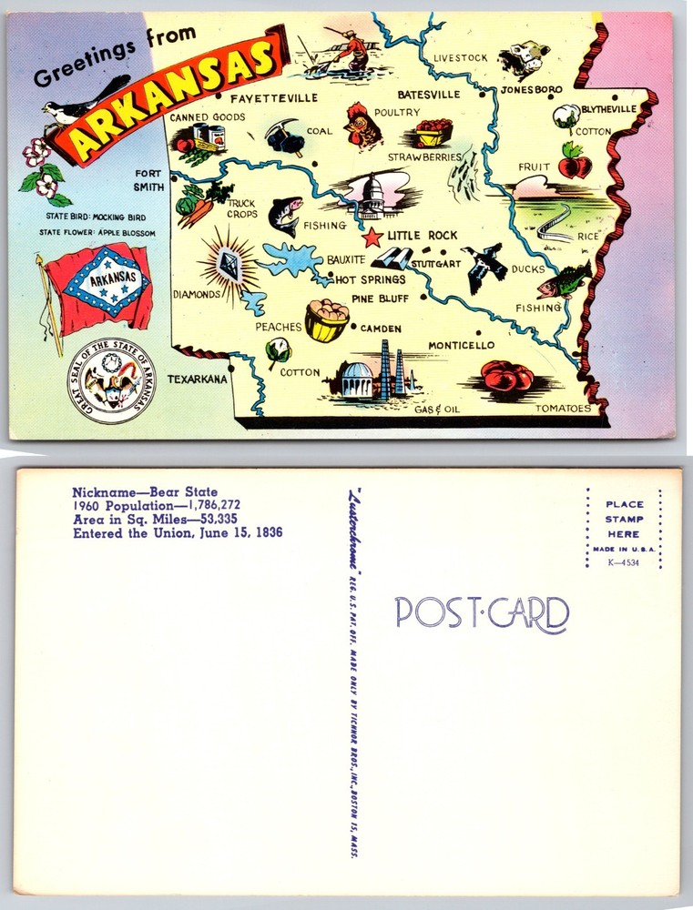 Greetings Arkansas Map Illustration Postcard