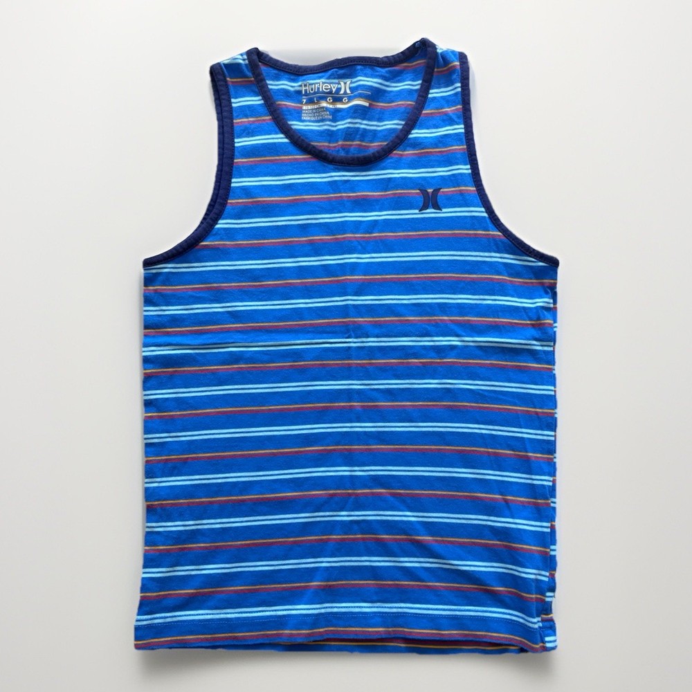 Boys Size 7 L Hurley Striped Summer Beach Tank Top Shirt Blue White EUC Logo