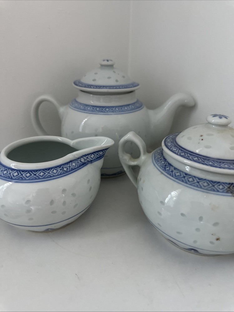 Vintage Chinese Rice Grain 4 Cup Teapot Flower Spout With Creamer and Sugar