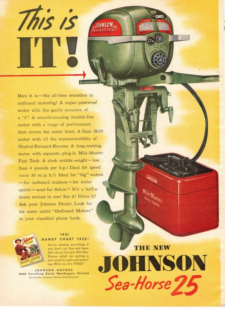 Johnson Sea Horse Outboard Motor 2 pages 1951 This is it Waukegan IL