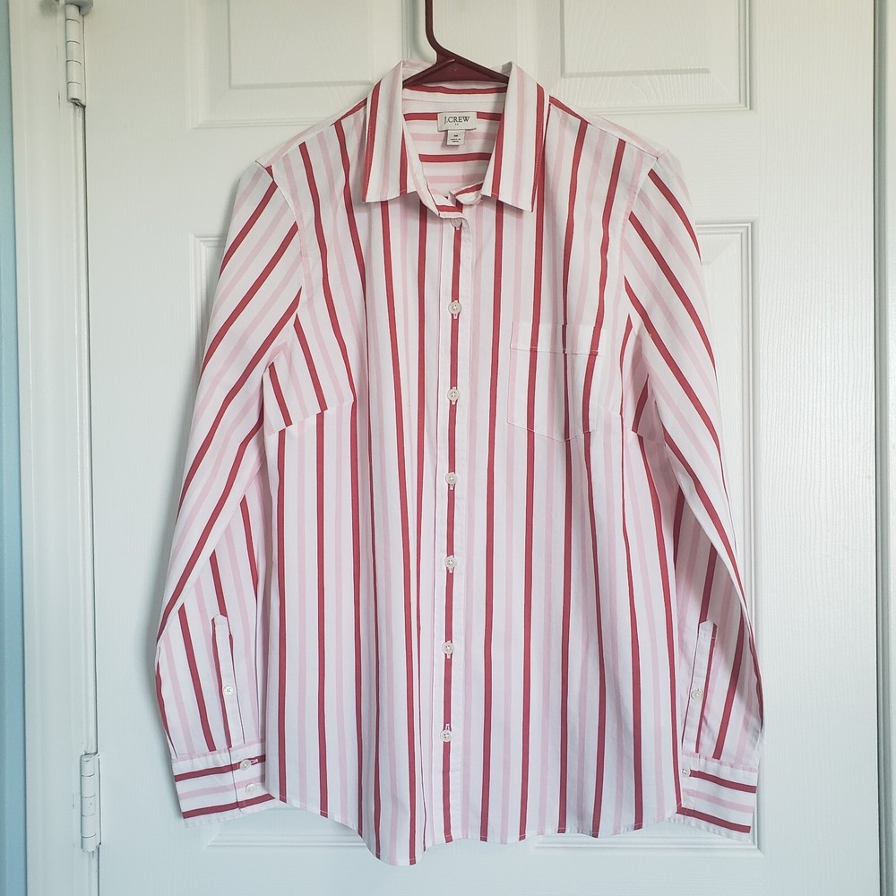 J Crew Loose Stretch Button Up Shirt in Pink Red Wide Stripes Size M Preppy Style