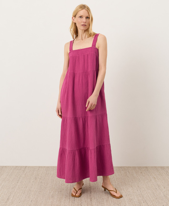 PACT Organic Coastal Double Gauze Strappy Tiered Maxi Dress - Cactus Flower Pink