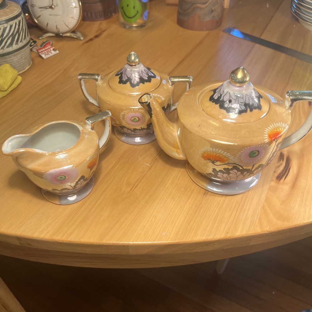 Vintage Tea Pot, Sugar, and Cream Lusterware Orange Hand Painted Made In Japan