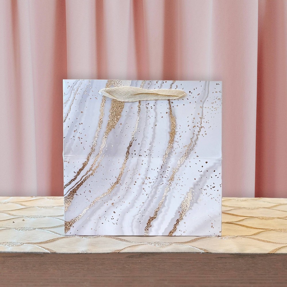Gold Glitter Print Pattern Marble Square Gift bag w/ Tissue: medium