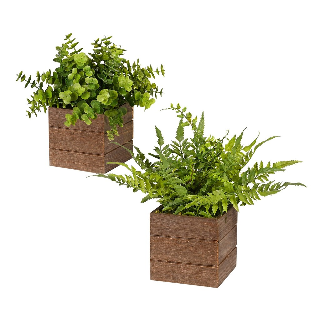 Small Fake Plants, 2Pack Mini Potted Artificial Plastic Boxwood Fern Green De...