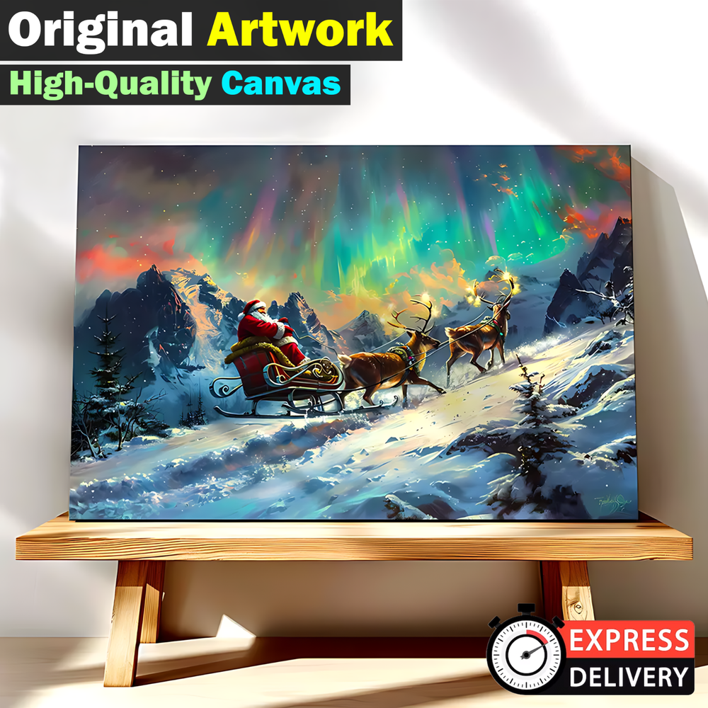 Original Artwork- Santa Sleigh in Aurora Winter Scene - Framed Canvas Print