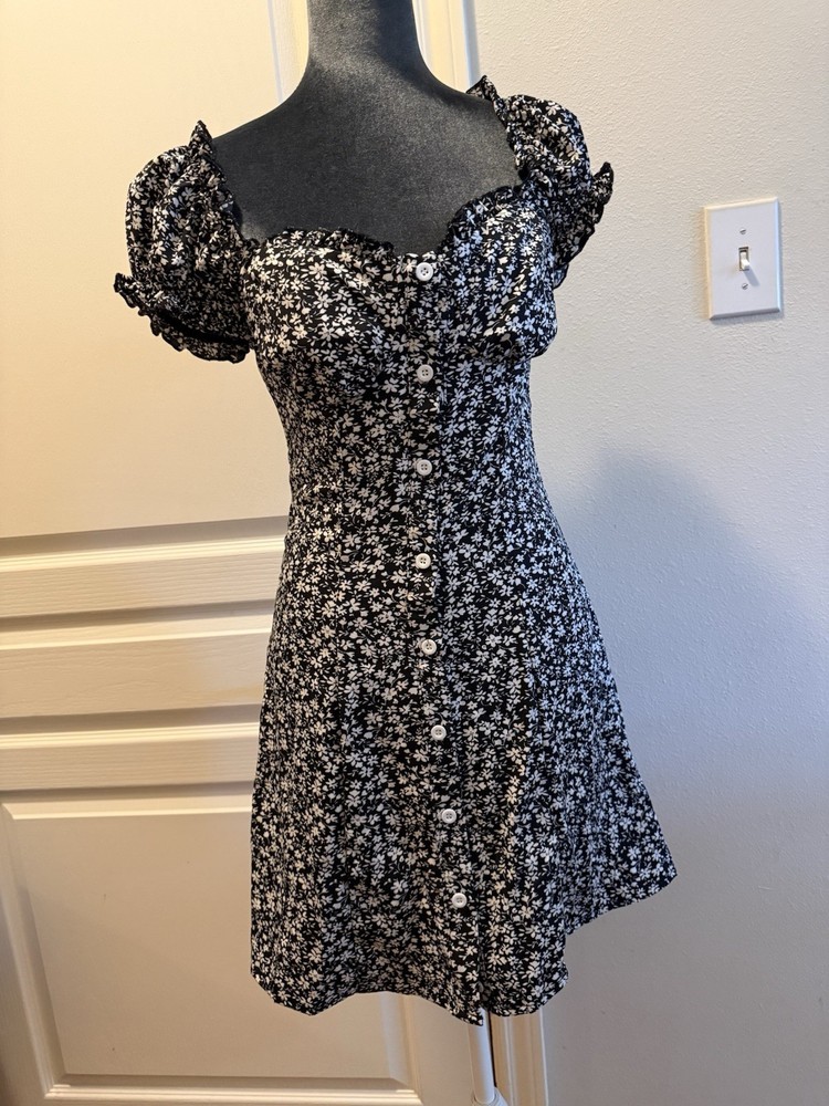 SHEIN Black White Floral Fit & Flare Mini Square Neck Puff Sleeve Dress S