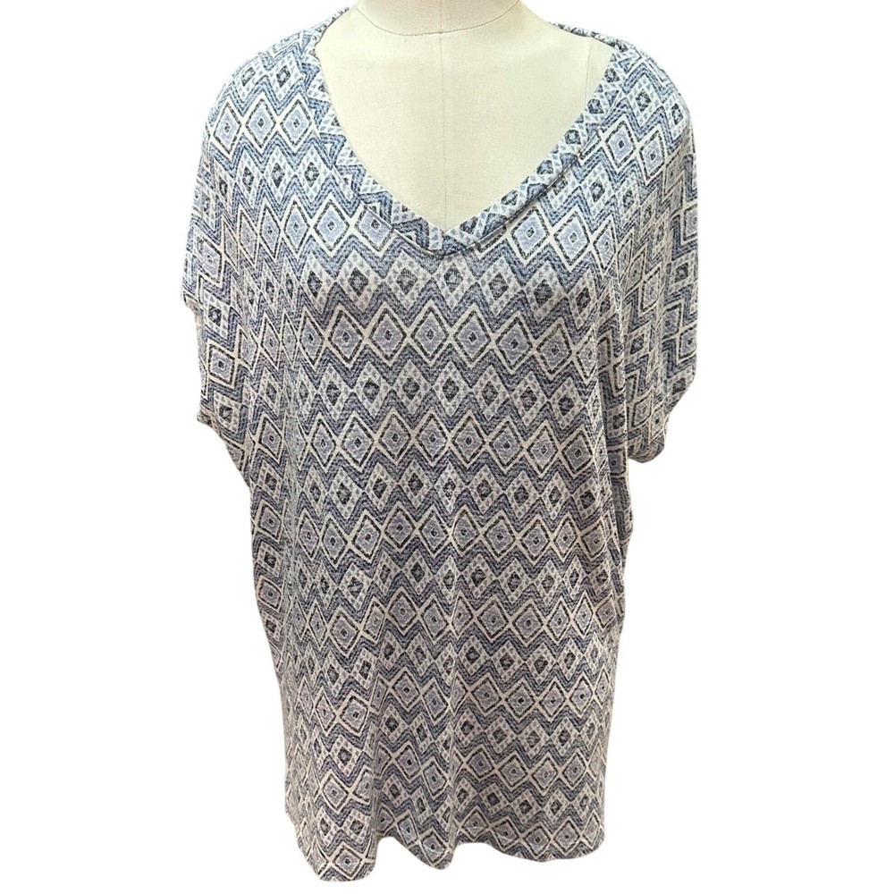 Orvis Tunic Top Women Large Blue Geometric Diamond V-Neck Short Sleeve Relaxed