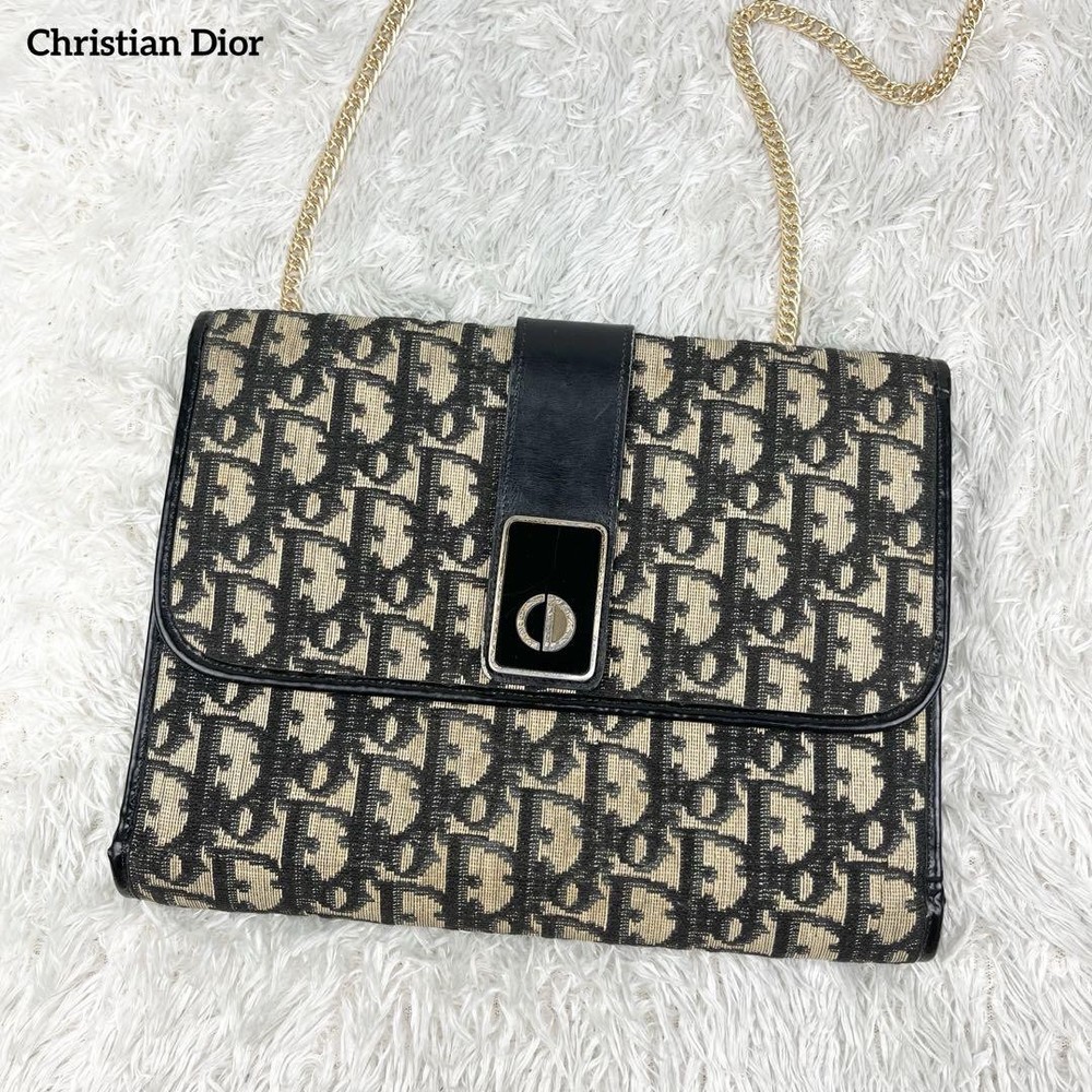 Christian Dior Trotter Navy Leather Shoulder Bag Chain Strap