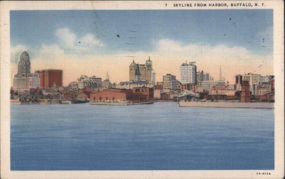 Buffalo, NY New York Skyline from Harbor Teich 1933 Original Vintage Postcard