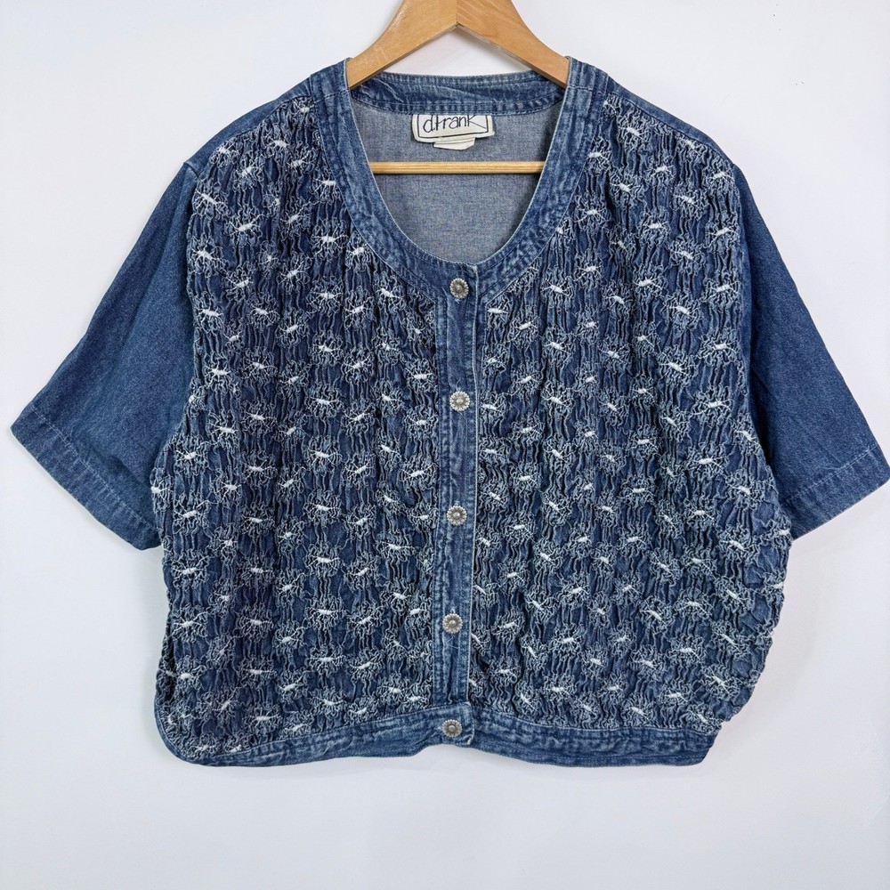 Vintage D Frank Smocked Boho Denim Button-Up Top Slight Crop Size 3X Indie Style
