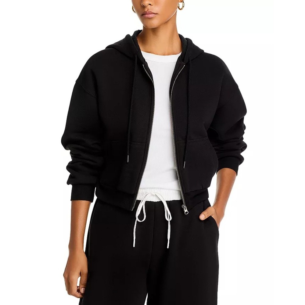 Aqua Women Black Cotton Fleece Vintage Havana Sporty Zip Up Crop Hoodie Size L