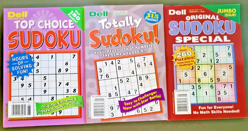 Lot of 3 SUDOKU Puzzle Books by Dell -Top Choice-Totally-Original - 450+ Puzzles