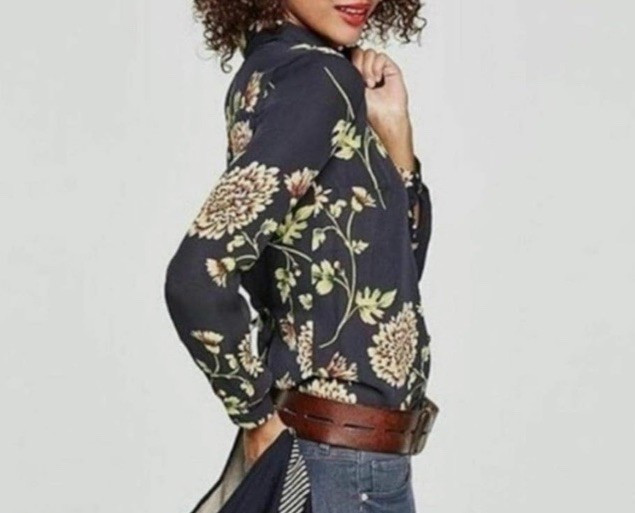 Cabi Navy blue Floral semi sheer daisy Blouse button down long sleeve XS