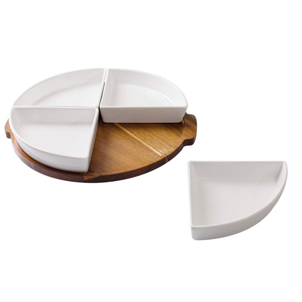 Acacia Wood and Stoneware 5-Piece Lazy Susan Snack Set 15.35in Wide-image
