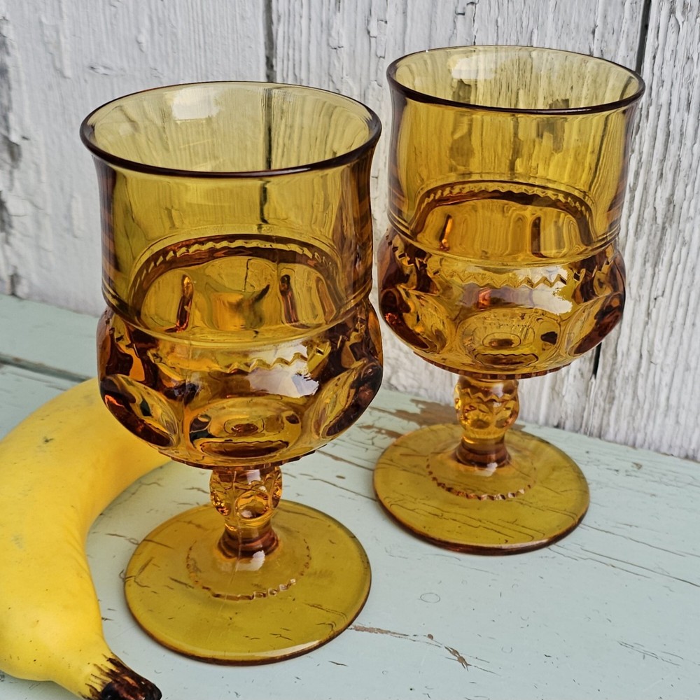 Vintage Indiana Glass Kings Crown Amber Footed Thumbprint 6 oz Goblets Set of 2