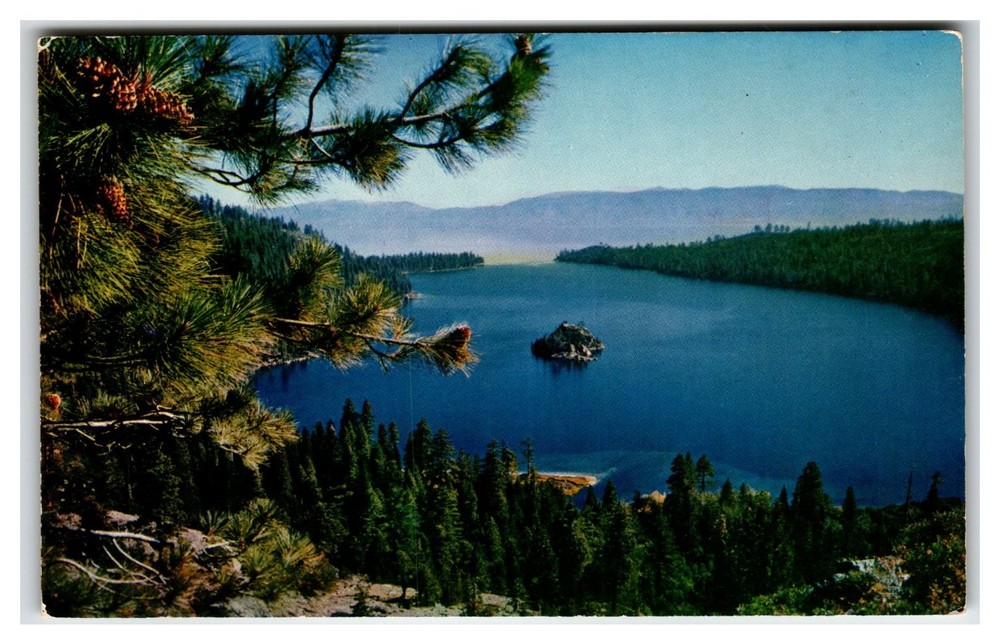 Emerald Bay Lake Tahoe Fannette Island Pine Cones Vintage Postcard