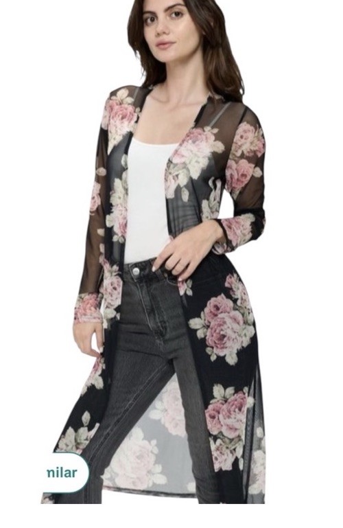 Women’s Sheer Black Floral Open Front Long Kimono Cardigan Duster Beach Cover Up